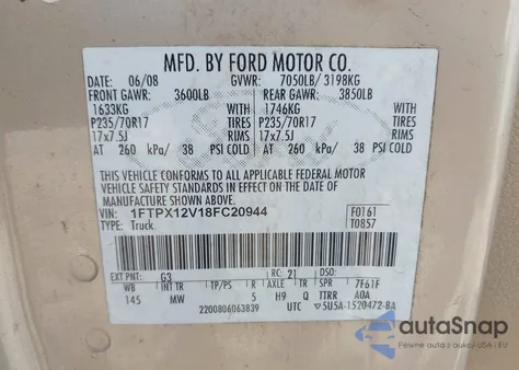 2008 Ford F-150 Fx2/Lariat/Xl/Xlt z USA, uszkodzony, nr VIN 1FTPX12V18FC20944